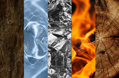 Terre, eau, métal, feu et bois représentant les différents éléments utilisés dans la pratique du Feng Shui